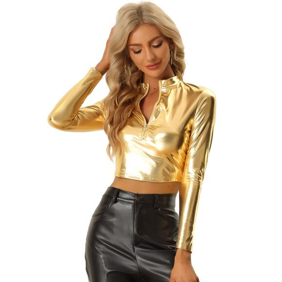 Metallic Crop Top Mock Neck Long Sleeve Zip Up Party Shiny Tops Gold - Picture 1 of 5